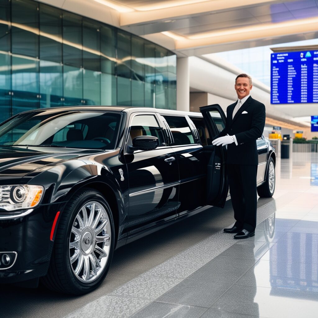 Chauffeur beside a black stretch limousine inside an airport terminal