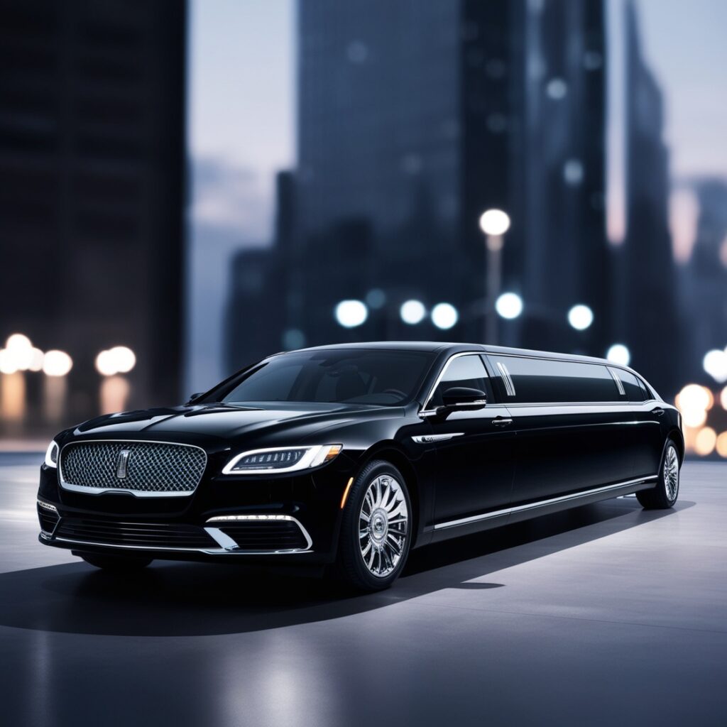 Black stretch limousine on a city street at night