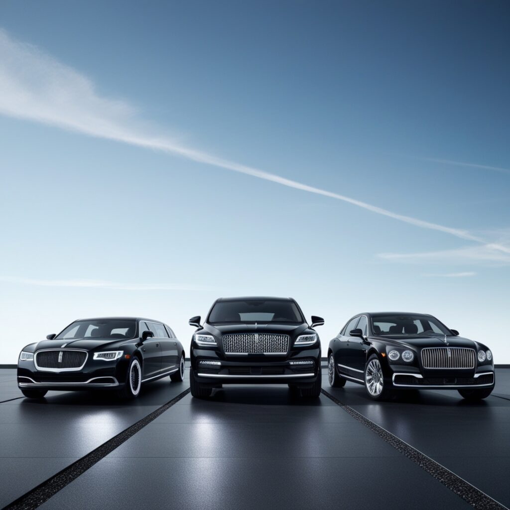 Three black luxury vehicles parked side by side