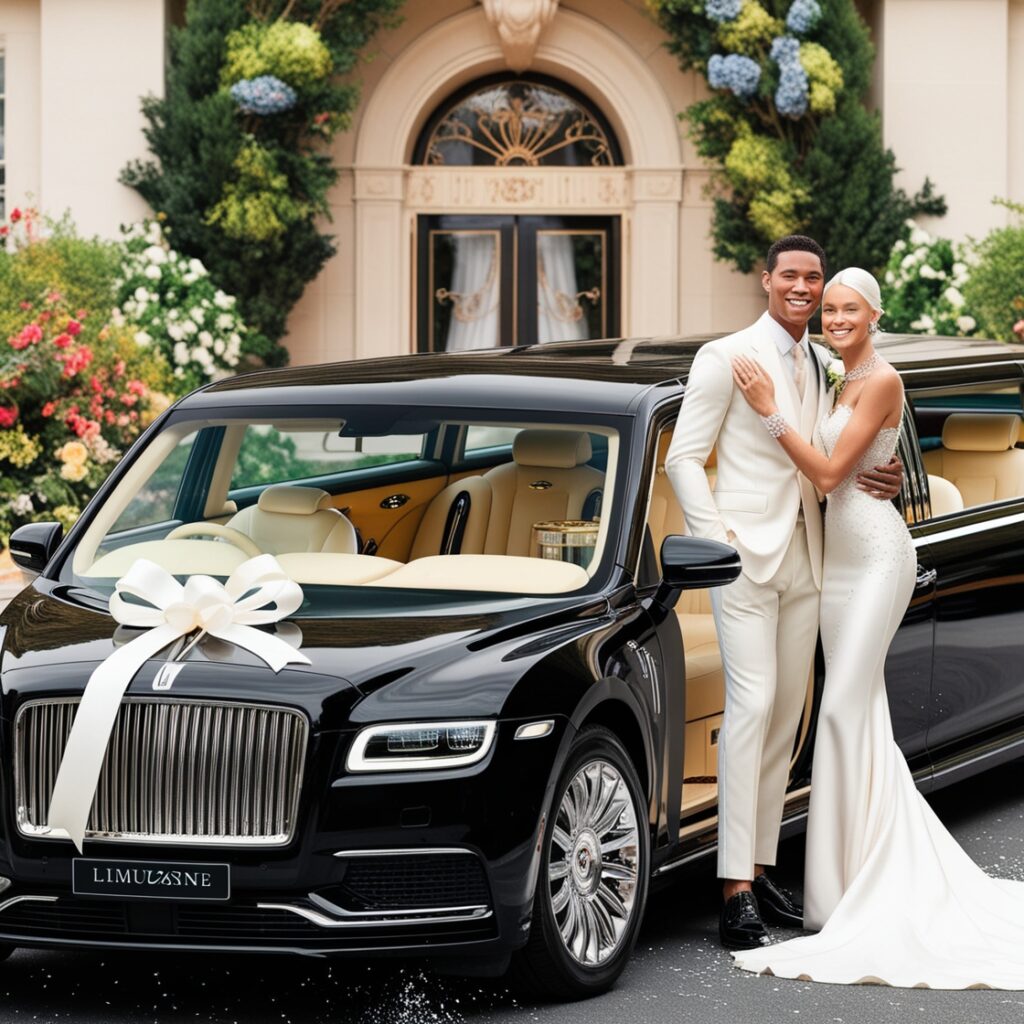 Bride and groom embracing beside a black luxury car decorated with a white ribbon bow
