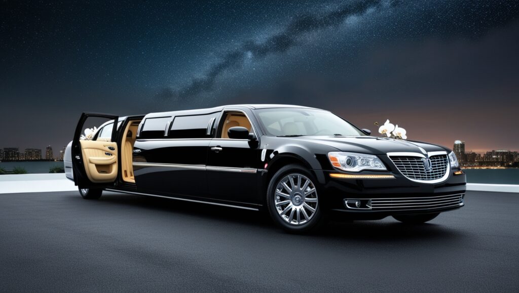 Black stretch limousine with doors open at night