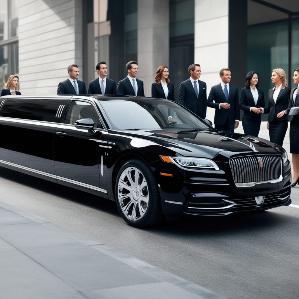 Business team in suits standing beside a black stretch limousine