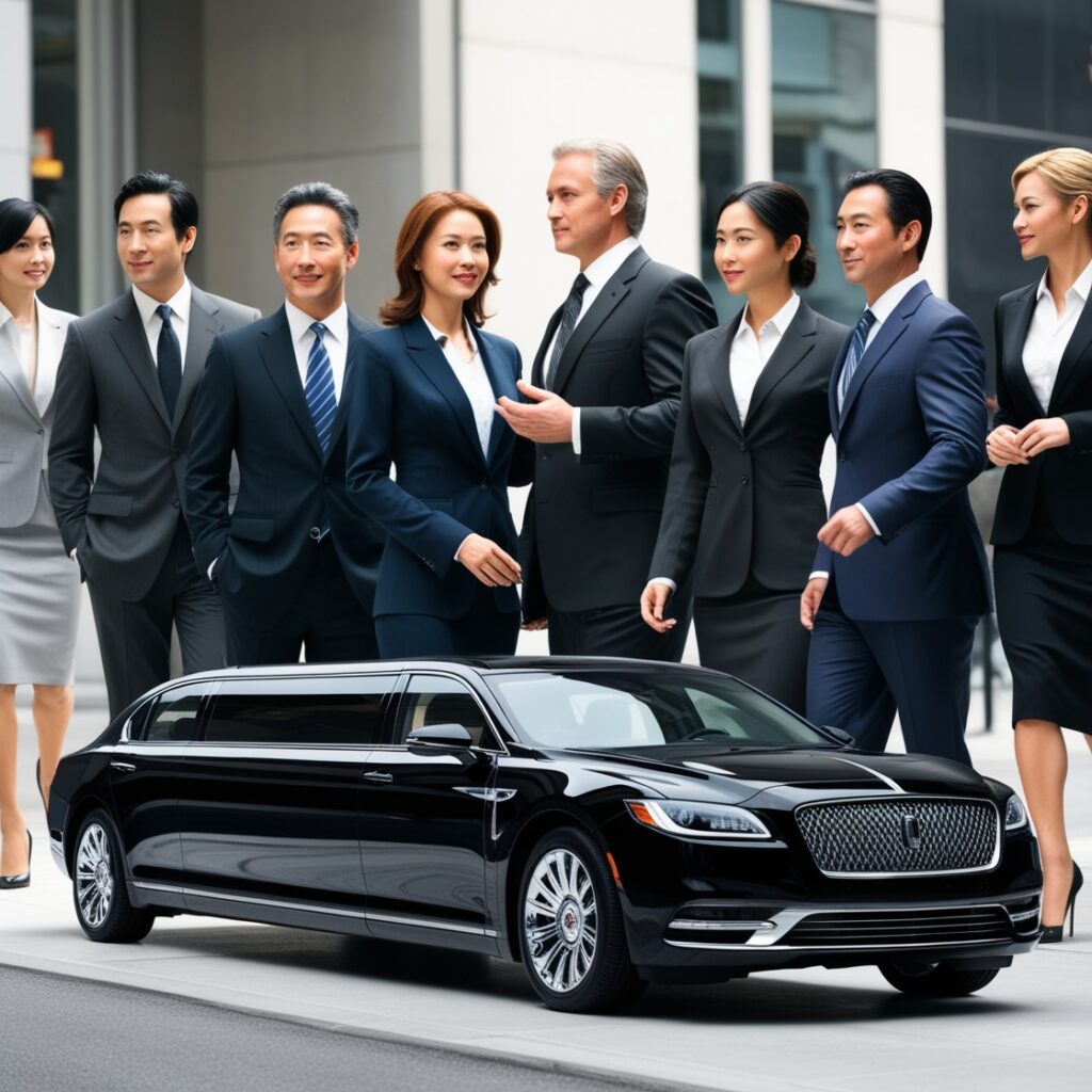 Group of business people standing behind a black stretch limousine