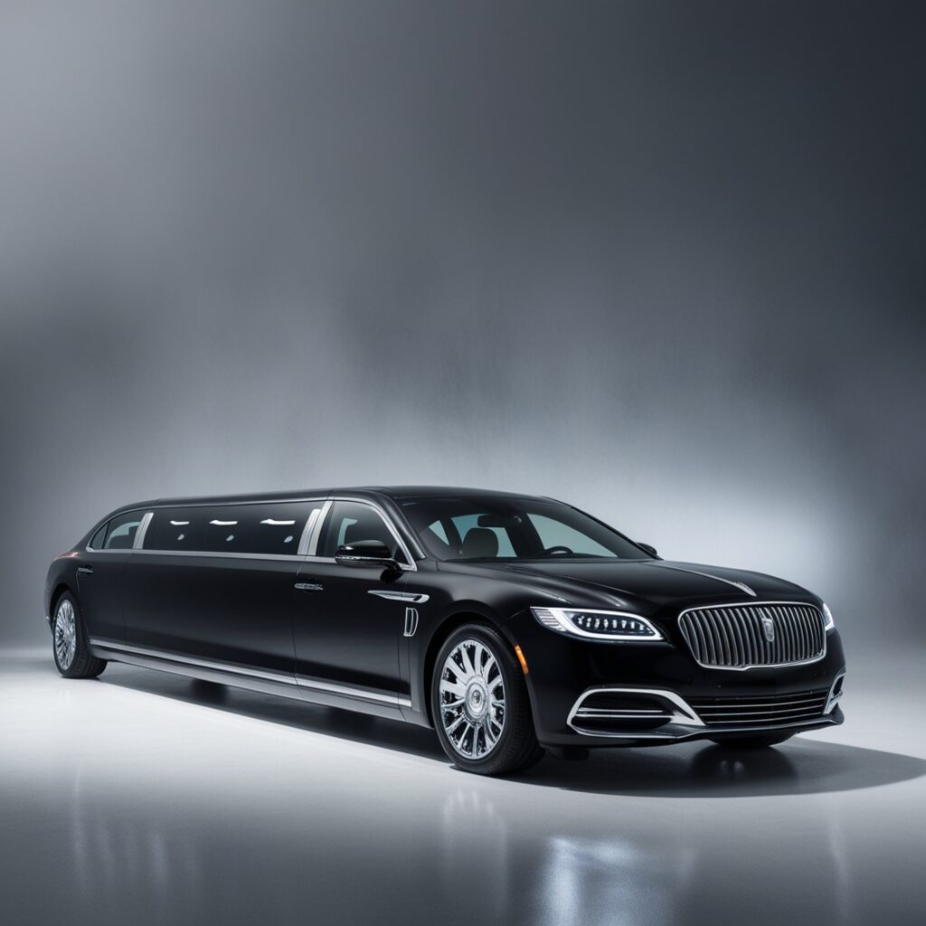 Black stretch limousine in a grey studio setting